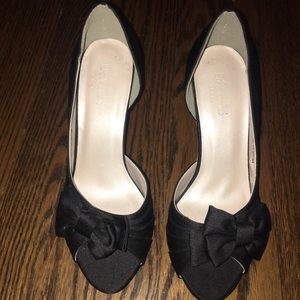 Black Satin Bow Peep Toe Platform Heels